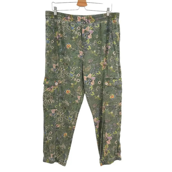 Anthropologie Classic Seamed Joggers‎ Pants Floral Linen Blend Green Size Large - Picture 2 of 14